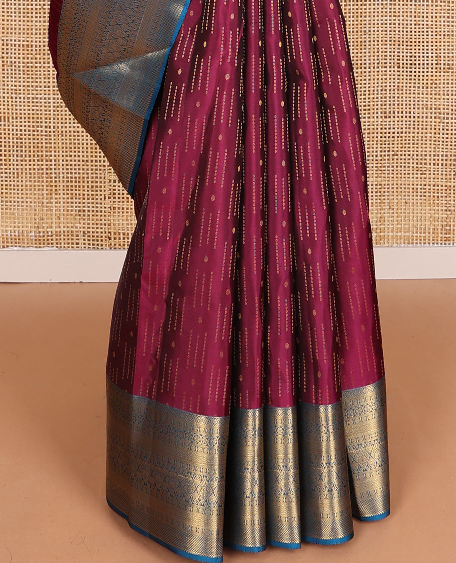 Maroon zari buttas Vasundhara silk mix, contrast border of diamond, kodi visiry, rudraksham, vanki, manga designs, and jaal pallu