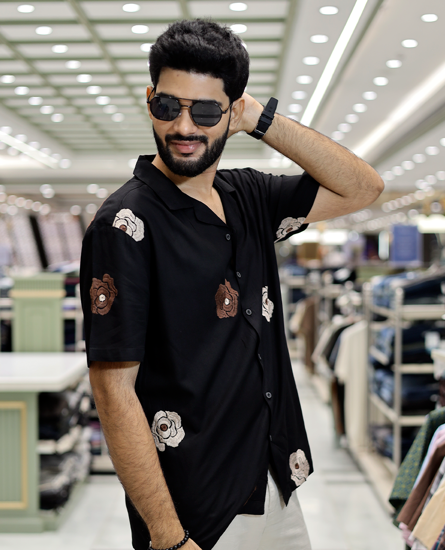 Black Floral Embroidery Cotton-Blended Casual Shirt