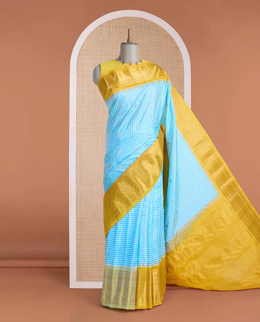 Green micro-checked & zari buttas gadwal silk saree, contrast traditional zari design woven border & zari-rich pallu