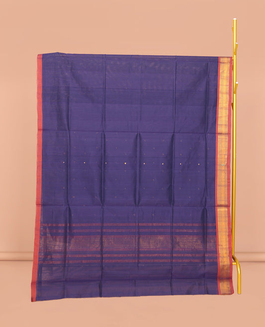 Dark Blue Venkatagiri Cotton Saree, Elevated with Buttas, a Contrast Zari-Thread Border, Pallu of Stripes, and No Blouse