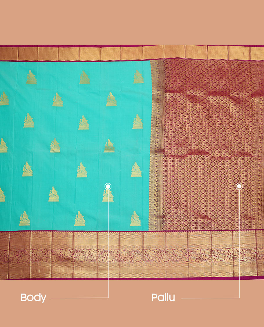 Blue Budget Silk Saree, Detailed with Buttas All Over Its Body, Complemented by a Contrast Traditional Zari Design Border, Intricately Designed Pallu, and Paired with a Contrast Blouse