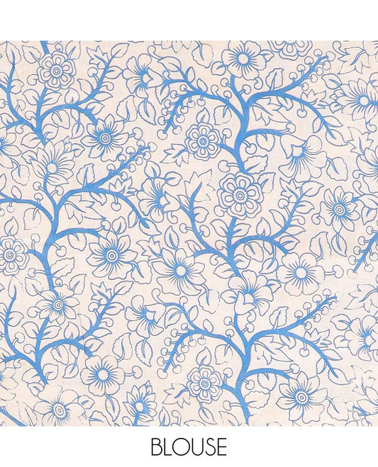 Blue floral machine-printed kalamkari cotton saree, floral border & peacock pallu