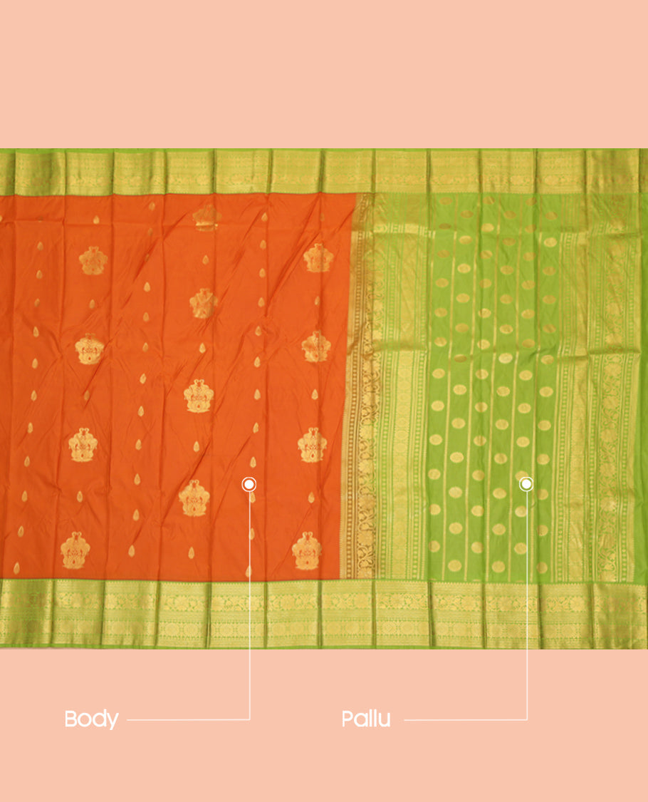 Mustard Budget Silk Saree, Detailed with Zari Buttas, Complemented by Contrast Traditional Zari Border, a Grand Pallu and a Contrast Blouse