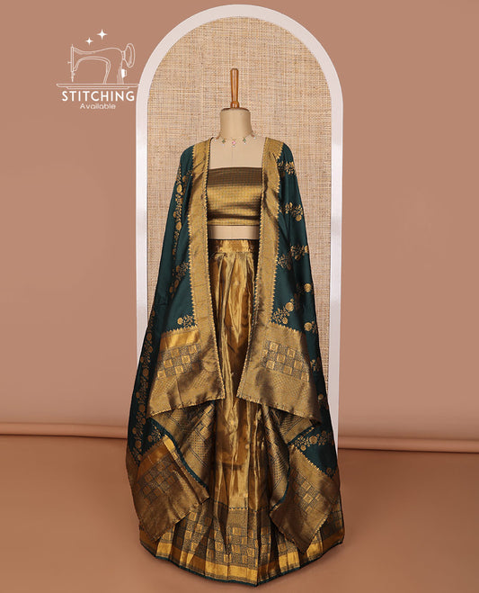 Brown buttas tissue half saree with contrast checkered design border, zari design blouse floral design dhavani