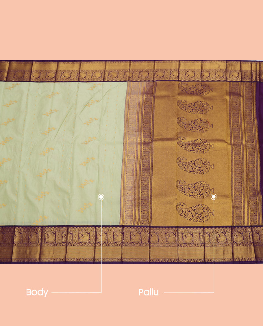 Pale Green Budget Silk Saree, Adorned with Zari Buttas, Complemented by a Contrast Traditional Zari Border, Grand Pallu, and a Contrast Blouse