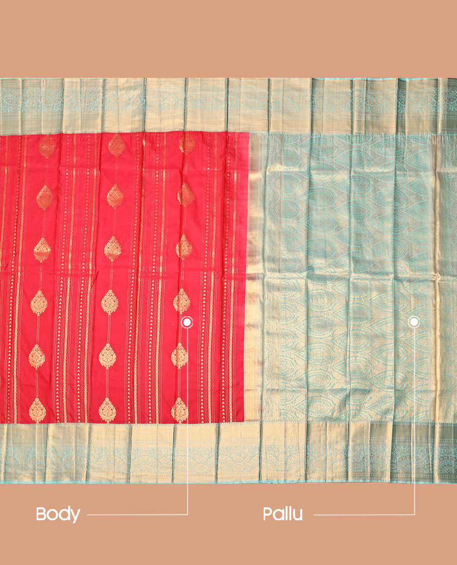 Red Budget Silk Saree, Crafted with Zari Buttas, Complemented by Contrast Traditional Zari Border, a Grand Pallu and a Contrast Blouse