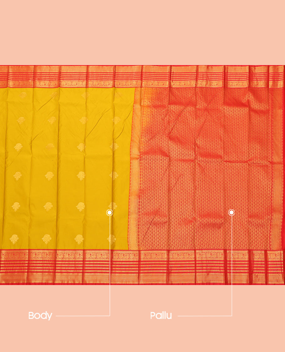 Yellow Budget Silk Saree, Sparsely Woven with Zari Buttas, a Contrast Traditional Zari Border, Grand Pallu, and a Contrast Blouse
