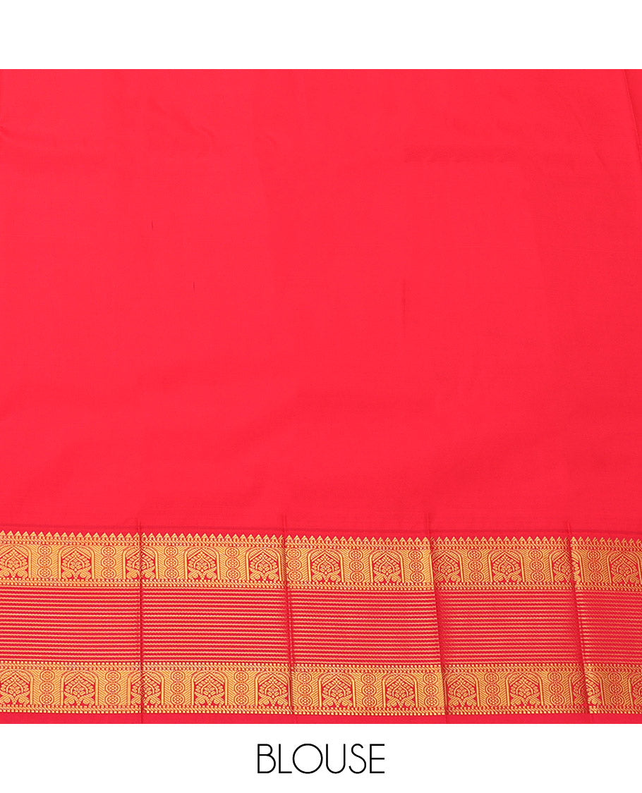 Yellow Budget Silk Saree, Styled with Zari Buttas, Complemented by a Contrast Traditional Zari Border, Grand Pallu, and a Contrast Blouse