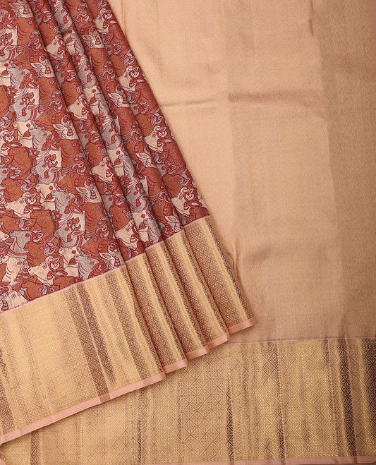 Red pichwai cow jacquard silk saree, contrast border of manga mokku,kathir & jaal design & intricate zari woven pallu