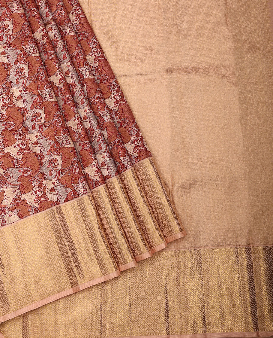 Red pichwai cow jacquard silk saree, contrast border of manga mokku,kathir & jaal design & intricate zari woven pallu