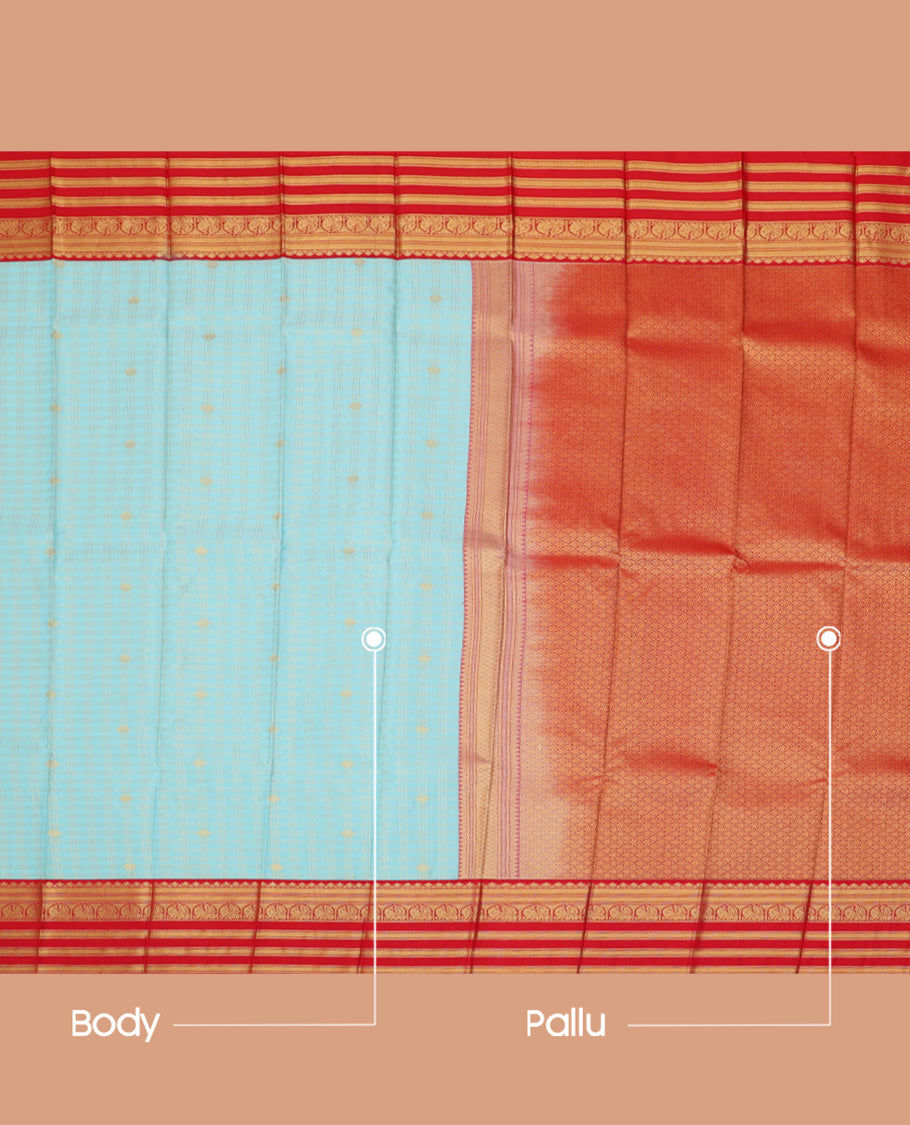 Blue Budget Silk Saree, Detailed with Zari Buttas and Checks, a Contrast Traditional Zari Border, Grand Pallu, and a Contrast Blouse