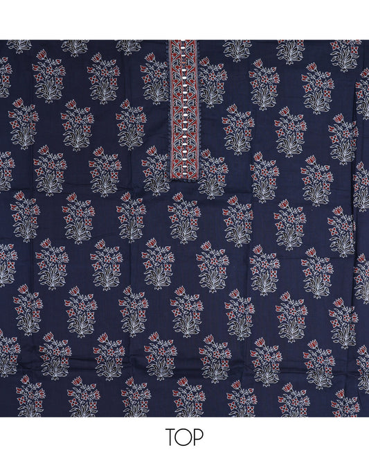 Blue  Material Chudidar Set, Spotlighted with Floral Printed Cotton Top, a Plain Cotton Bottom, and Paired with a Ajrakh Printed Cotton Dupatta