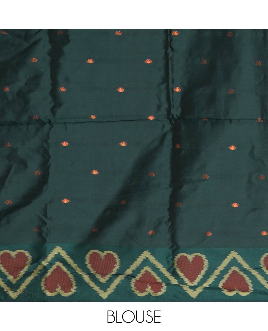 Pista green pochampally triangle motifs mulberry silksaree,contrast pochampally design satin thread weave border & zari-rich intricate pallu