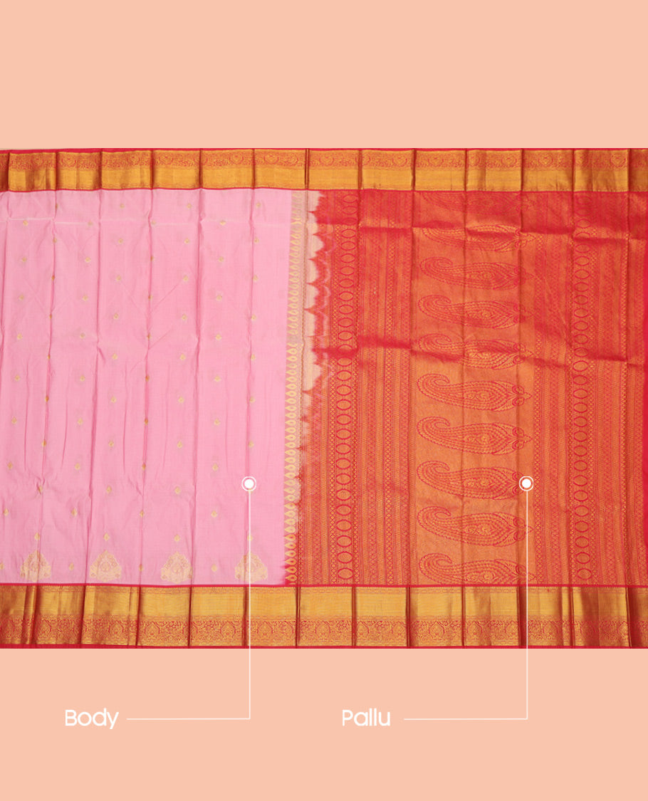 Pink Budget Silk Saree, Bedecked with Zari Buttas, a Contrast Traditional Zari Border, Grand Pallu, and a Contrast Blouse