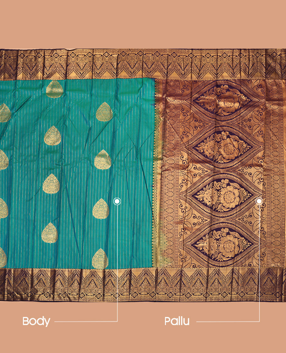 Peacock Blue Budget Silk Saree, Finely Crafted with Zari Buttas and Stripes, Complemented by a Contrast Traditional Border, Grand Pallu, and a Contrast Blouse