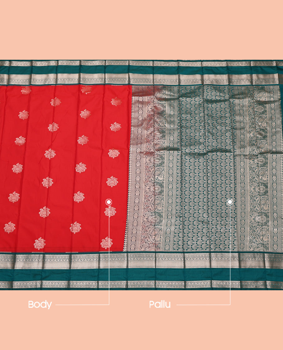 Red Budget Silk Saree, Adorned with Zari Buttas All Over Its Body, Complemented by a Contrast Traditional Zari Design Rettai Pettu Border, Intricate Pallu, and Paired with a Contrast Blouse