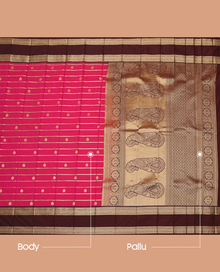 Pink Budget Silk Saree, Enthralled with Zari Buttas and Stripes, Complemented by Contrast Traditional Rettai Pettu Zari Border, a Grand Pallu and a Contrast Blouse