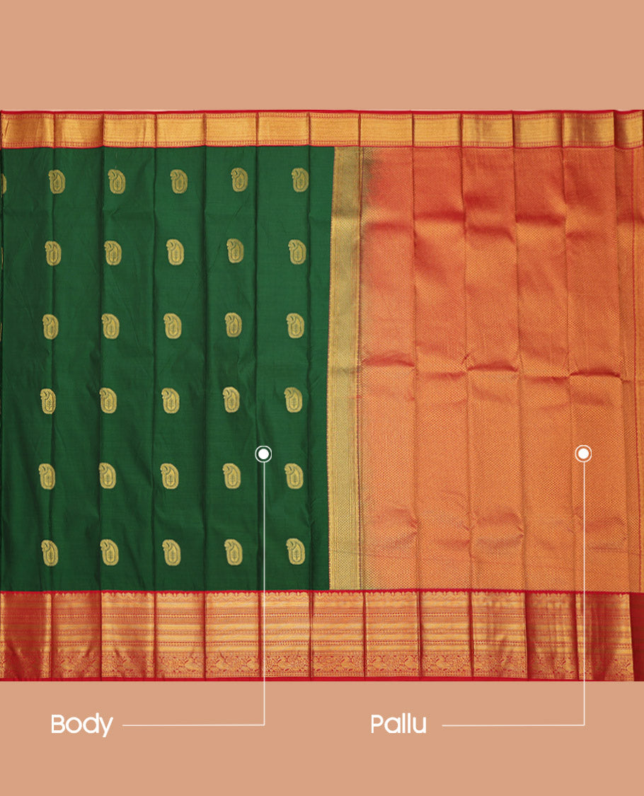 Green Budget Silk Saree, Decorated with Paisley Buttas All Over Its Body, Complemented by Contrast Traditional Zari Design Border, Grand Jaal Pallu, and Paired with a Contrast Blouse