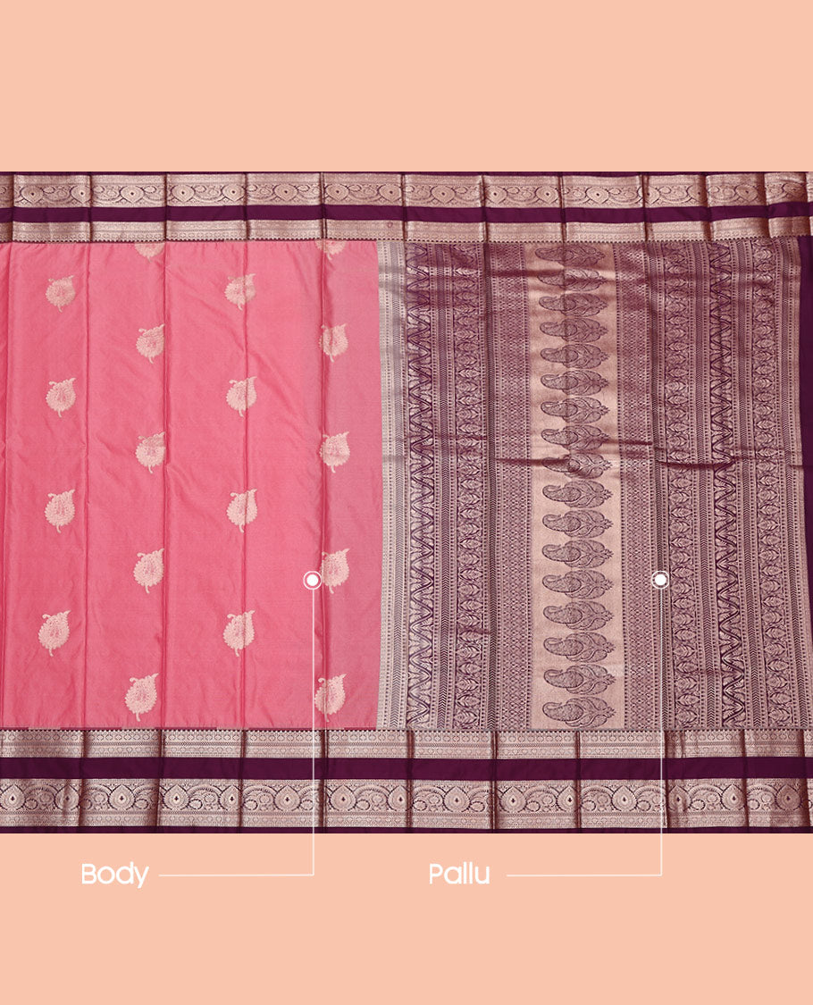 Pink Budget Silk Saree, Woven with Zari Buttas on Its Body, Complemented by a Contrast Traditional Zari Design Rettai Pettu Border, Intricately Designed Pallu, and Paired with a Contrast Blouse