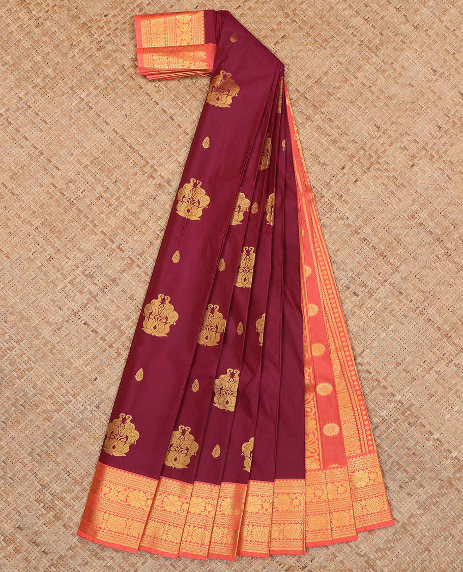 Maroon Budget Silk Saree, Styled with Zari Buttas, Complemented by Contrast Traditional Zari Border, a Grand Pallu and a Contrast Blouse
