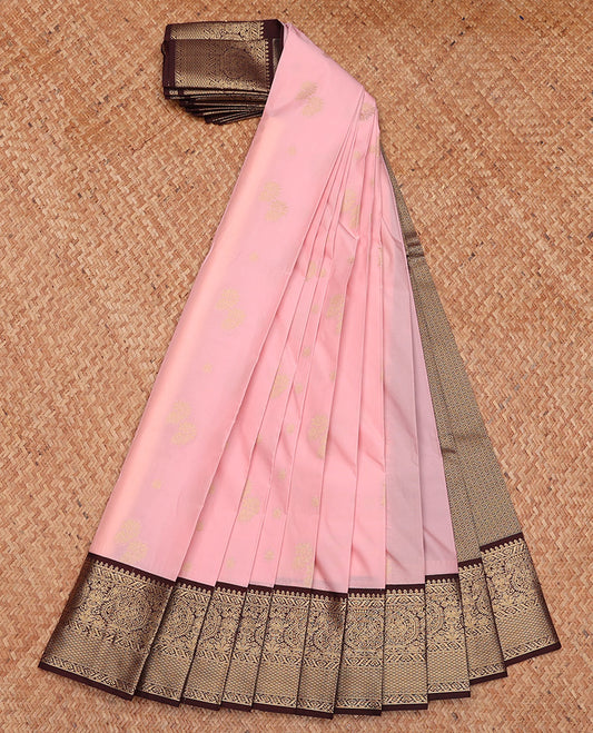 Pale Pink Budget Silk Saree, Accentuated with Buttas, Complemented by a Contrast Traditional Zari Border, Grand Pallu, and Contrast Blouse