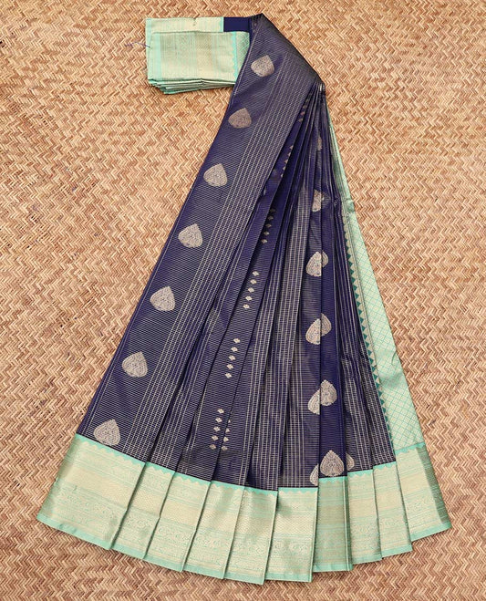 Blue Budget Silk Saree, Woven with Zari Buttas and Checks, a Contrast Traditional Zari Border, Jaal Pallu, and a Contrast Blouse