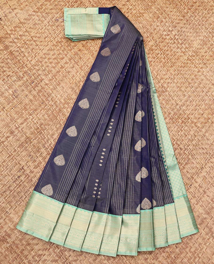Blue Budget Silk Saree, Woven with Zari Buttas and Checks, a Contrast Traditional Zari Border, Jaal Pallu, and a Contrast Blouse