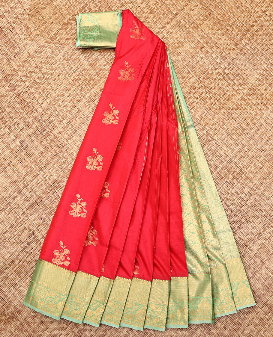 Red Budget Silk Saree, Decked Up with Zari Buttas and Stripes, Complemented by Contrast Traditional Zari Border, a Grand Jaal Pallu and a Contrast Blouse