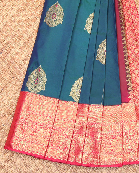 Peacock Blue Budget Silk Saree, Prettified with Zari Buttas on Its Body, Complemented by a Contrast Traditional Zari Design Border, Grand Jaal Pallu, and Paired with a Contrast Blouse