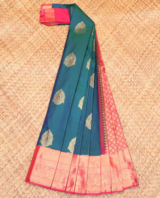Peacock Blue Budget Silk Saree, Prettified with Zari Buttas on Its Body, Complemented by a Contrast Traditional Zari Design Border, Grand Jaal Pallu, and Paired with a Contrast Blouse