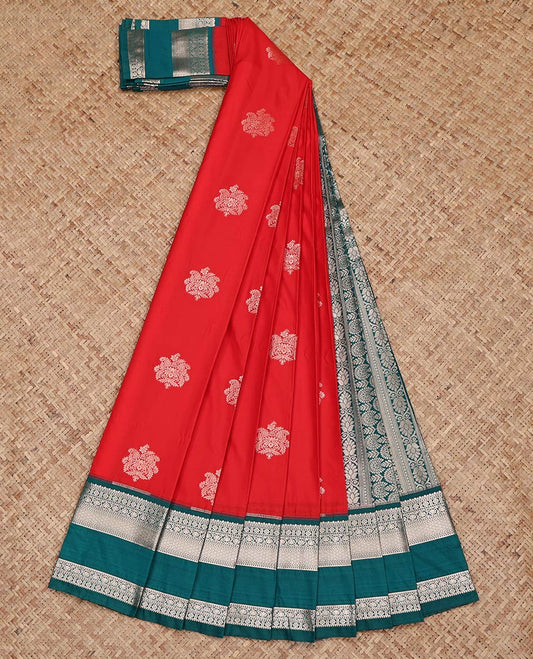 Red Budget Silk Saree, Adorned with Zari Buttas on Its Body, Complemented by a Contrast Traditional Zari Design Rettai Pettu Border, Intricately Designed Pallu, and Paired with a Contrast Blouse