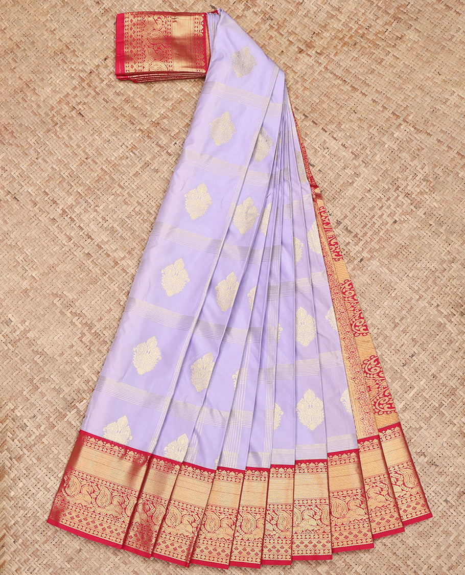 Lavender Budget Silk Saree, Delicately Woven with Zari Buttas Enclosed Checks All Over Its Body, Complemented by Contrast Traditional Zari Border of Peacock Designs, Grand Pallu, and Paired with a Contrast Blouse