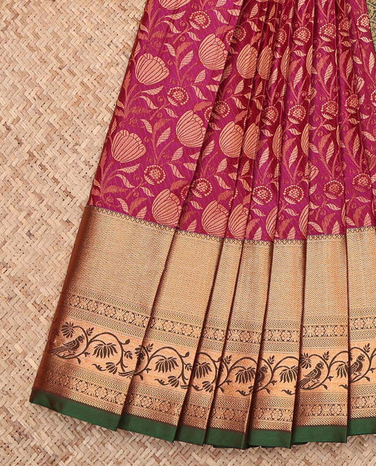 Pink Budget Silk Saree, Artfully Detailed with Jacquard Design, Complemented by a Contrast Traditional Zari Border, Jaal Pallu, and a Contrast Blouse