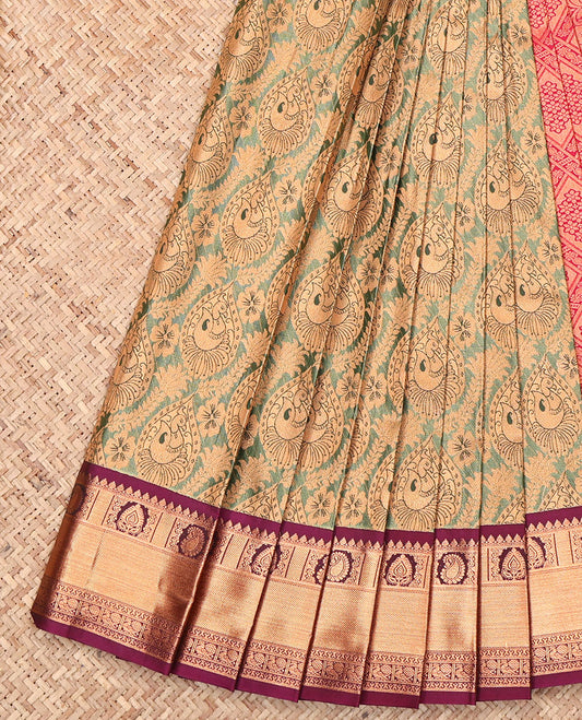 Green Budget Silk Saree, Decorated with Jacquard Design, Complemented by a Contrast Traditional Zari Border, Jaal Pallu, and Contrast Blouse