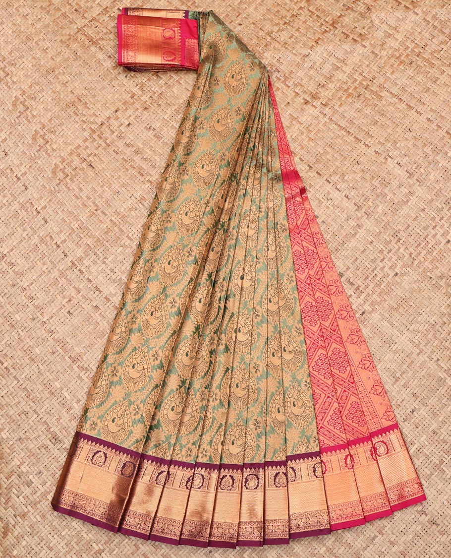 Green Budget Silk Saree, Decorated with Jacquard Design, Complemented by a Contrast Traditional Zari Border, Jaal Pallu, and Contrast Blouse