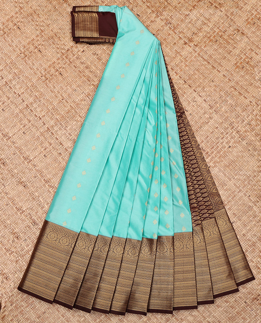 Turquoise Budget Silk Saree, Woven with Zari Buttas, Complemented by a Contrast Traditional Zari Border, Jaal Pallu, and a Contrast Blouse