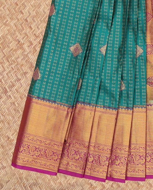 Green Budget Silk Saree, Highlighted with Zari Buttas, a Contrast Traditional Zari Border, Grand Pallu, and a Contrast Blouse