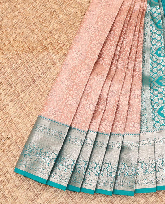 Light Peach Budget Silk Saree, Showcasing Jacquard Design, Complemented by Contrast Traditional Zari Border, a Grand Pallu and a Contrast Blouse