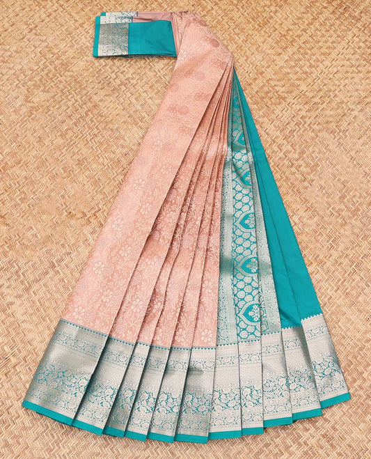 Light Peach Budget Silk Saree, Showcasing Jacquard Design, Complemented by Contrast Traditional Zari Border, a Grand Pallu and a Contrast Blouse