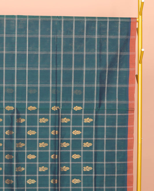 Teal Venkatagiri Cotton Saree Features Buttas, a Contrast Zari-Thread Border, Pallu of Stripes, and No Blouse