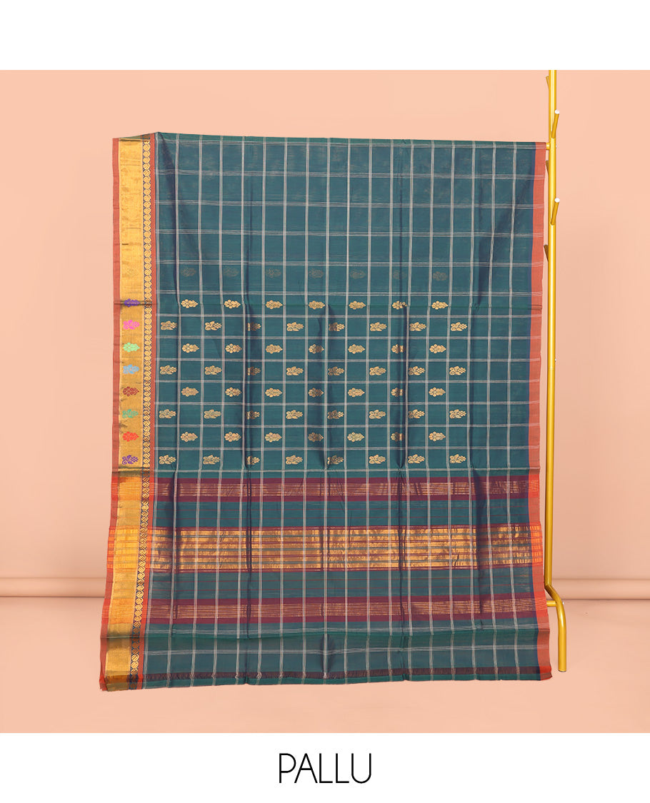 Teal Venkatagiri Cotton Saree Features Buttas, a Contrast Zari-Thread Border, Pallu of Stripes, and No Blouse