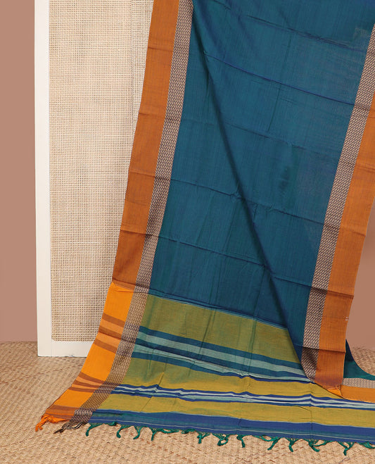 Blue plain design Narayanpet cotton saree, contrast grid design border & striped pallu