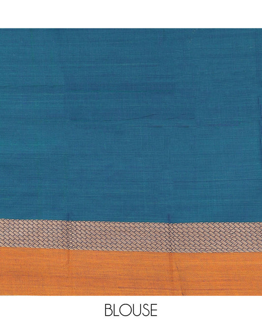 Blue plain design Narayanpet cotton saree, contrast grid design border & striped pallu