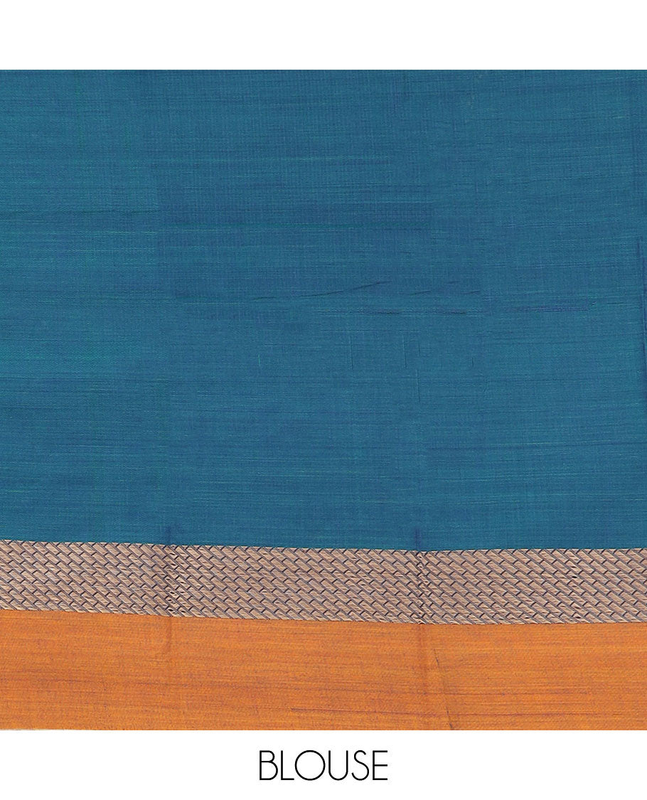 Blue plain design Narayanpet cotton saree, contrast grid design border & striped pallu