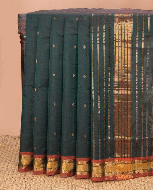 Green zari buttas Venkatagiri cotton saree, contrast traditional zari border, and zari striped pallu