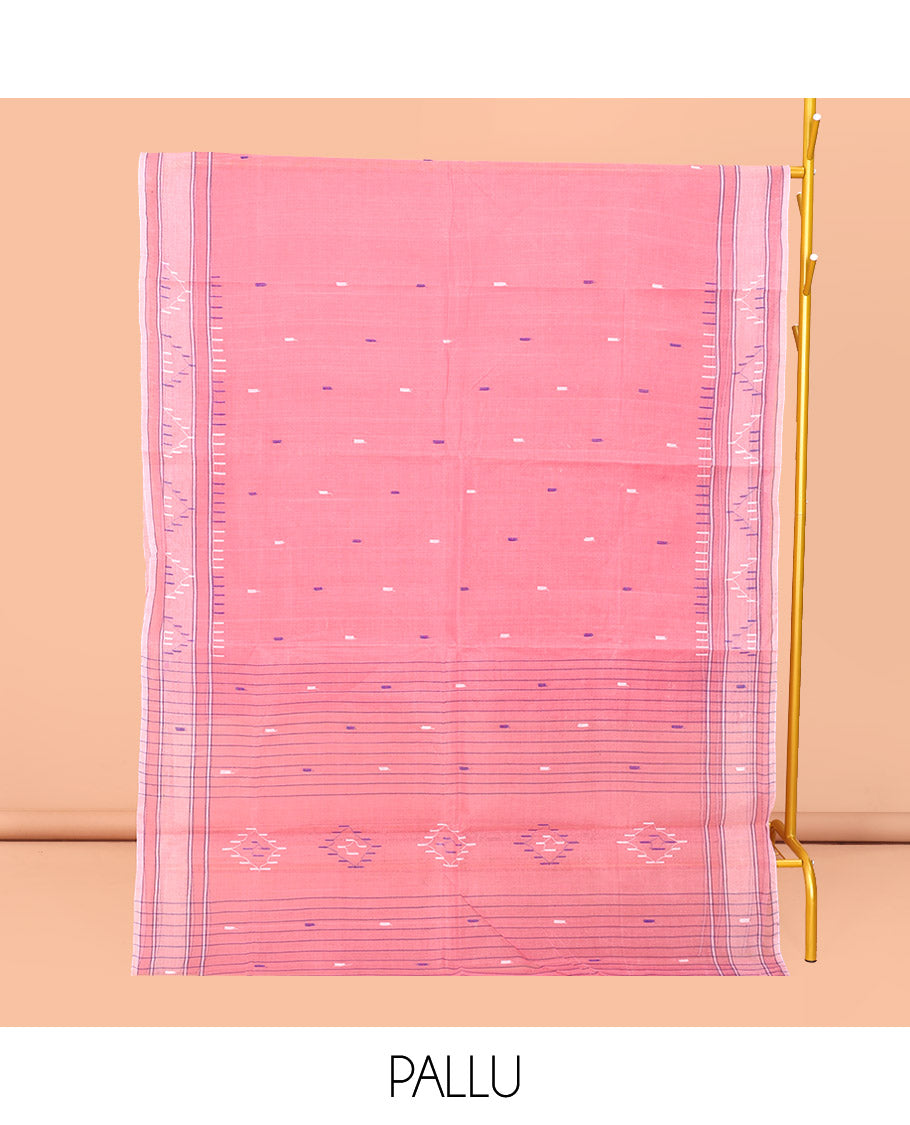 Pink Bengal Cotton Saree, Bedecked with Thread Buttas, a Subtle Border, Pallu of Stripes and Buttas, and a Matching Blouse