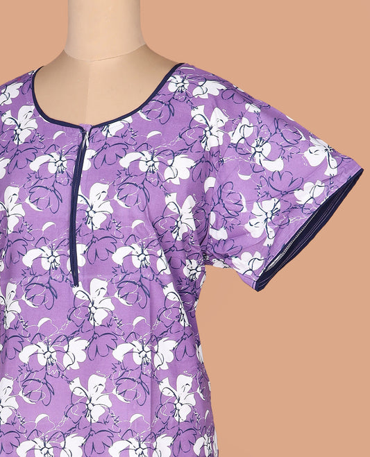 Lavender floral printed with round neck half-sleeve cotton nighty