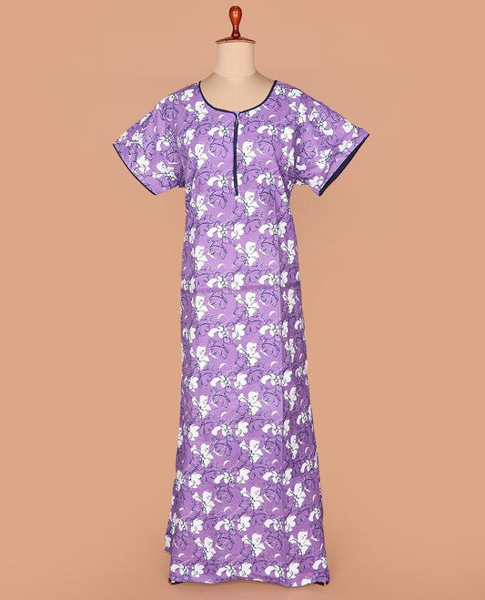 Lavender floral printed with round neck half-sleeve cotton nighty