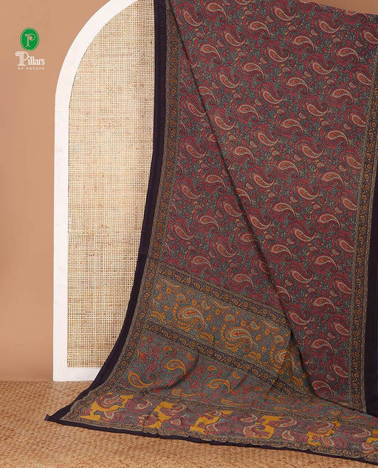 Maroon paisley design mill printed kimaya saree, contrast plain border & paisley printed pallu