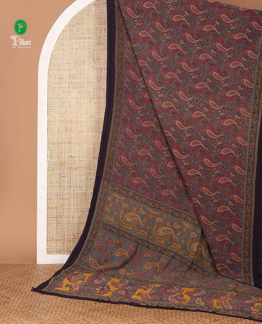 Maroon paisley design mill printed kimaya saree, contrast plain border & paisley printed pallu